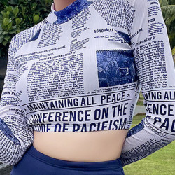 oici女士分体泳衣长袖时尚海报英文沙滩保守显瘦泳衣女