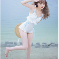 with puji 噗叽 Lolita洛丽塔 薄荷海浪 原创蝴蝶结双色泳衣