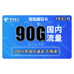 CHINA TELECOM 中国电信 翼安卡 19元每月 90G流量（60G通用+30G定向）+300分钟通话