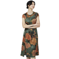 金菊 国风系列 女士中长款连衣裙 W8232281 绿色 XL