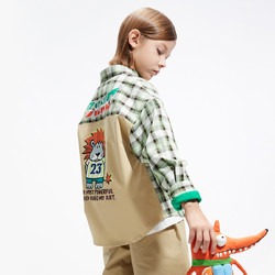 MQD 马骑顿 童装男童格子衬衫2022春季新款休闲卡其字母图案儿童上衣男童