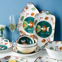 摩登主妇 日式卡通手绘碗碟餐具陶瓷饭碗汤面碗盘子家用套装
