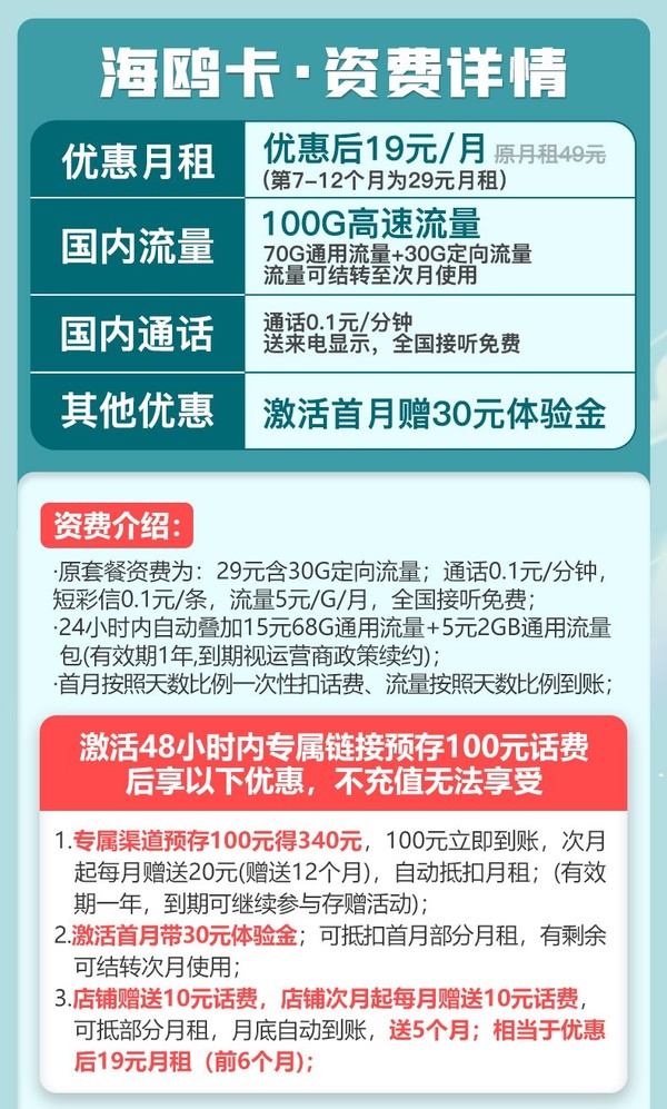CHINA TELECOM 中国电信 海鸥卡 19元月租（70G通用流量、30G定向流量）