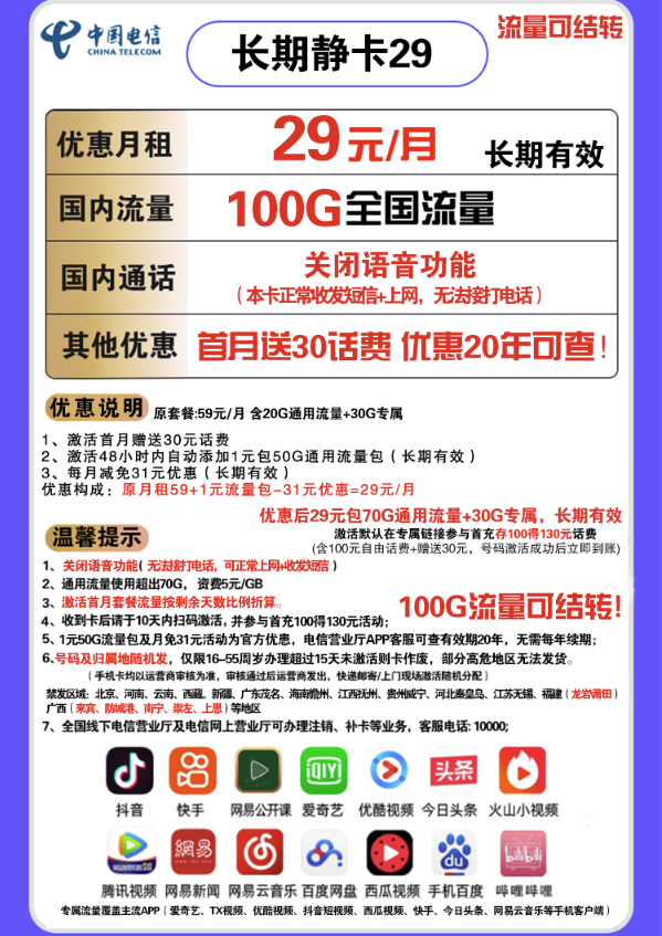 CHINA TELECOM 中国电信 长期静卡 29元/月（70GB通用流量、30GB专属流量）