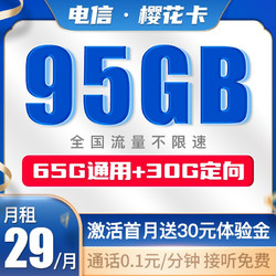 CHINA TELECOM 中国电信 樱花卡 29元月租（65GB通用流量、30GB专属流量）