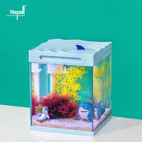尼泊洱Nepall小型桌面鱼缸21.5cm方形缸 适合办公室 家用客厅 迷你水族箱 懒人生态免换水鱼缸 蓝色带造景