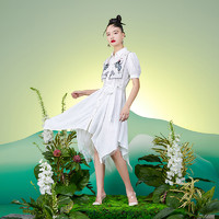 云思木想 摩登中国风2022夏季新款复古刺绣假两件白色连衣裙39649