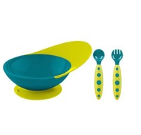 boon 啵儿儿童餐具吸盘碗 辅食碗婴儿碗训练吃饭餐具叉勺组合 湖蓝色/黄色套装
