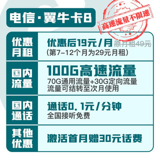 CHINATELECOM/中国电信 翼牛卡B 19元月租（70G通用流量、30G定向流量）