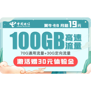 CHINATELECOM/中国电信 翼牛卡B 19元月租(70G通用流量、30G定向流量)