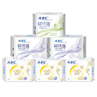 ABC KMS系列 日夜卫生巾套装 (清凉舒爽日用24草莓*8片*3包+轻透薄夜用32.3cm*3片*2包+迷你日用19cm*8片)