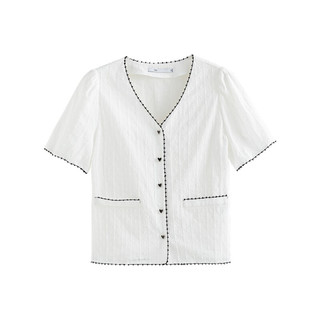 范思蓝恩22FS2260V领白衬衫女夏季2022年新款短袖肌理感提花衬衣 清新白 XS 清新白（预售30天） M