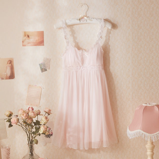 rosetree公主吊带睡裙女夏季薄款蕾丝可爱甜美少女性感睡衣带胸垫 S 浅粉色