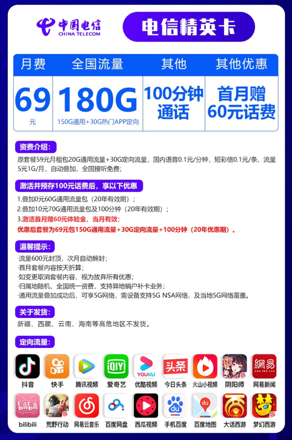 CHINA TELECOM 中国电信 精英卡 69月租（180G流量+100分钟）