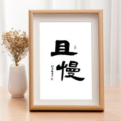 且慢自在字画摆台送朋友实木相框摆台字画毛笔书法定制画书桌摆件