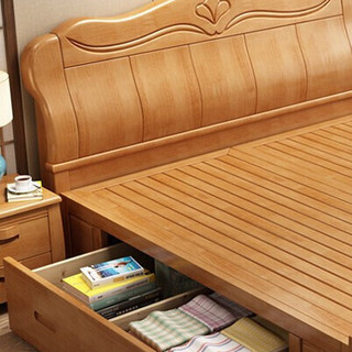 沐晨 现代中式实木床 榉木色 150*200cm 抽屉款
