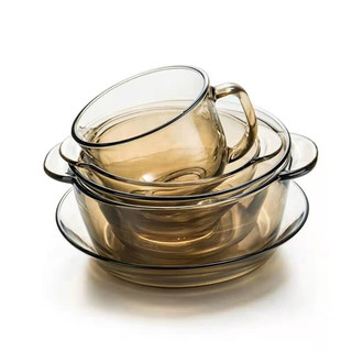萌物坊 家用玻璃碗茶色碗碟套装水果沙拉碗餐具 茶色双耳碗 2只 2碗2盘2杯 (茶色6件套)