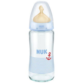 NUK 宽口径玻璃奶瓶婴儿宝宝新生儿奶瓶配防胀气自然实感奶瓶配硅胶/乳胶奶嘴 240ml 蓝色 配1号乳胶中圆孔奶嘴