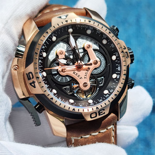 瑞夫泰格 概念多功能机械大表盘手表时尚潮流男真皮防水表 RGA3503 黑金色面黑表带