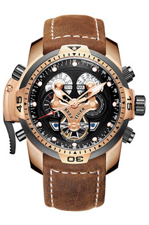 瑞夫泰格 概念多功能机械大表盘手表时尚潮流男真皮防水表 RGA3503 黑金色面黑表带