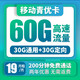中国移动 青优卡 19月租（30G通用流量+30G定向流量）+200分钟国内通话