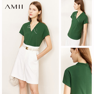 Amii2022夏季新款V领短袖百搭显瘦女高级感字母绣花T恤收褶上衣