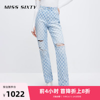 MISS SIXTY 2022夏季新款牛仔裤女菱形格纹高腰直筒