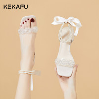 KEKAFU 珂卡芙 高跟凉鞋女夏季中跟2022年女新款珍珠水晶跟透明粗跟凉鞋