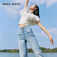 MISS SIXTY 2022夏季新款含真丝牛仔裤女高腰直筒毛边钻饰浅蓝