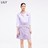 LILY 2022夏新款女装时尚气质假两件收腰衬衫式连衣裙