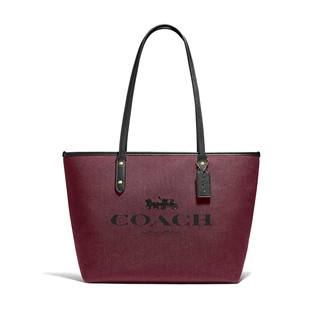 COACH 蔻驰 女士马车图案CITY拉链托特包 C0671 深红酒红色 中号