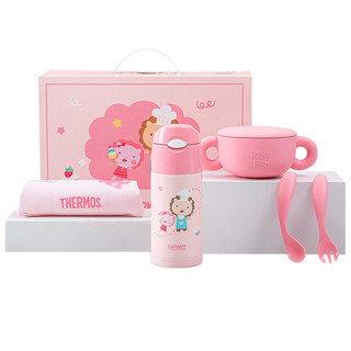 THERMOS 膳魔师 FFI-403 儿童吸管保温杯 360ml+辅食碗 340ml+围兜+辅食餐具 粉色 礼盒装