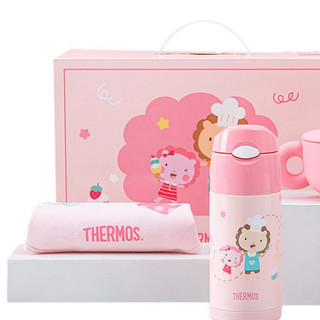 THERMOS 膳魔师 FFI-403 儿童吸管保温杯 360ml+辅食碗 340ml+围兜+辅食餐具 粉色 礼盒装