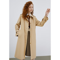 春秋款系带流行纯色宽松长袖翻领中长款风衣外套 XL 卡其