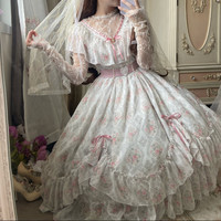 逗酱 Lolita洛丽塔 古董花墙 爱德华领花嫁裙+头纱