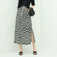 COCOBELLA 预售COCOBELLA黑白几何棋盘格图案半身裙女侧开叉遮胯长裙HS503