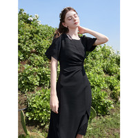 3COLOUR 三彩 2022夏季新款设计感小黑裙显瘦收腰短袖开叉连衣裙气质时髦女