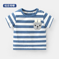 咕乐呀嘟咔咔熊猫婴儿衣服通用童短袖T恤夏装儿童3宝宝幼儿小童1岁半袖 牛蓝条 73CM