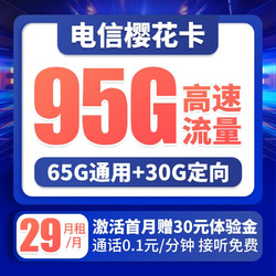 CHINA TELECOM 中国电信 樱花卡 29元/月（65GB通用流量、30GB专属流量） 长期套餐