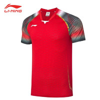 LI-NING 李宁 男款国际版大赛服一体织羽毛球比赛服短袖上衣速干透气AAYQ303-1红色 3XL码/190