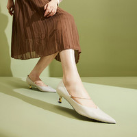FED 羊皮女鞋夏季新款尖头浅口细跟单鞋女百搭通勤中跟奶奶鞋时装鞋女