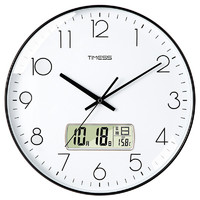 Timess挂钟 客厅钟表家用日历万年历温度挂表时尚简约静音石英钟表P12B-1黑边白面