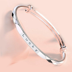 手镯女士年轻款lucky光面实心推拉银镯子情侣简约银饰幸运时尚饰品