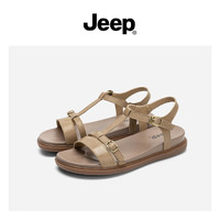 Jeep 吉普 罗马凉鞋2021新款女一字带平底鞋女厚底坡跟凉鞋仙女风森系鞋