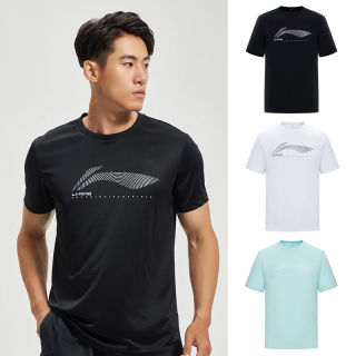 LI-NING 李宁 支持国货商城同款速干t恤男士夏季运动短袖宽松冰丝吸汗透气跑步健身衣套装薄乐漫咪 黑色ATSS463【透气款】 L/175
