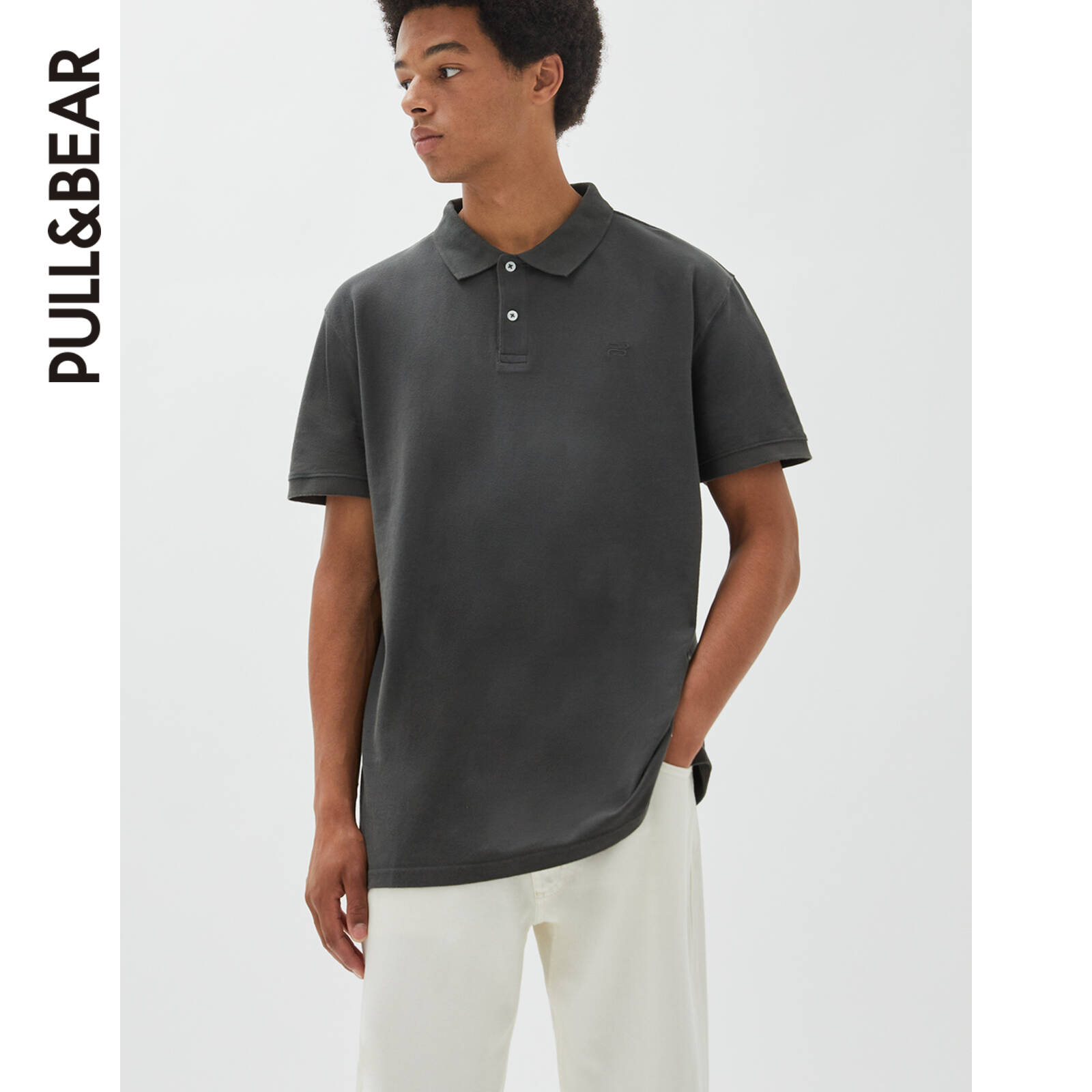 PULL&BEAR 男士早春新品翻领成衣染色短袖POLO衫T恤08201501802  175/86Y 灰色