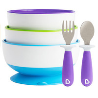 munchkin 满趣健 27188 儿童吸盘碗 3个装 紫色+绿色+蓝色+27148 不锈钢叉勺 2支装 紫色