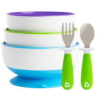 munchkin 满趣健 27188 儿童吸盘碗 3个装 紫色+绿色+蓝色+27148 不锈钢叉勺 2支装 绿色