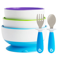 munchkin 满趣健 27188 儿童吸盘碗 3个装 紫色+绿色+蓝色+27148 不锈钢叉勺 2支装 蓝色