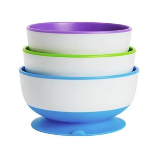 munchkin 满趣健 27188 儿童吸盘碗 3个装 紫色+绿色+蓝色+27148 不锈钢叉勺 2支装 紫色